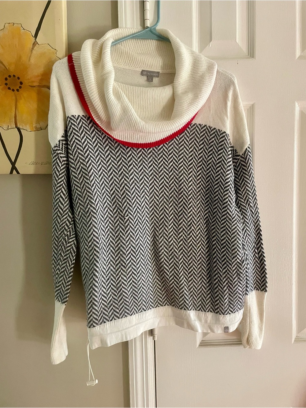 Talbots Cream, Black and Red Herringbone Cowl Neck Sweater